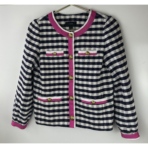 J. Crew Grosgrain Trim Jacket in Gingham Tweed AJ953 Pink Trim Women's Size 2 - Picture 15 of 16